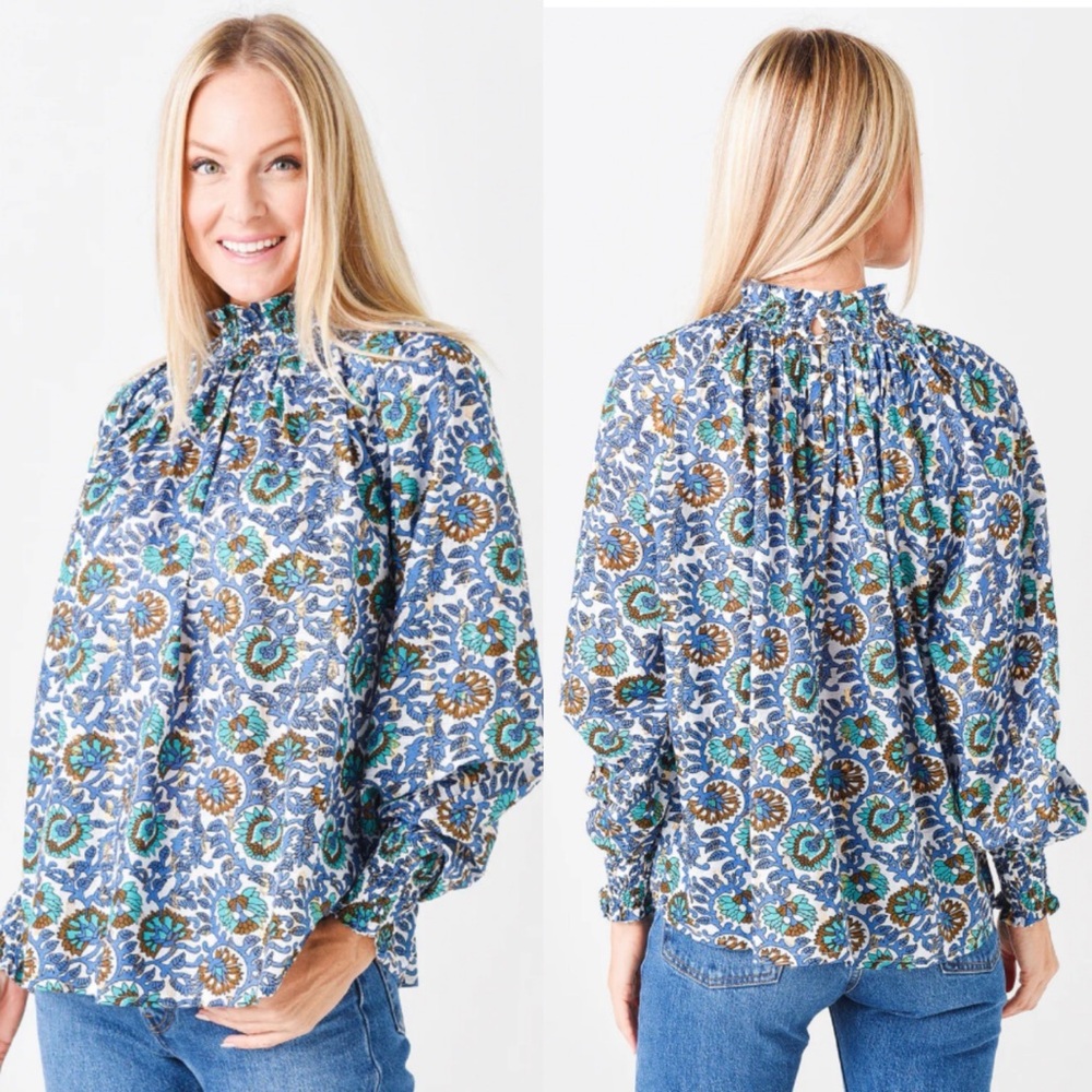 OLIPHANT Women's High Neck Blouse in Floral Green Blue sz M